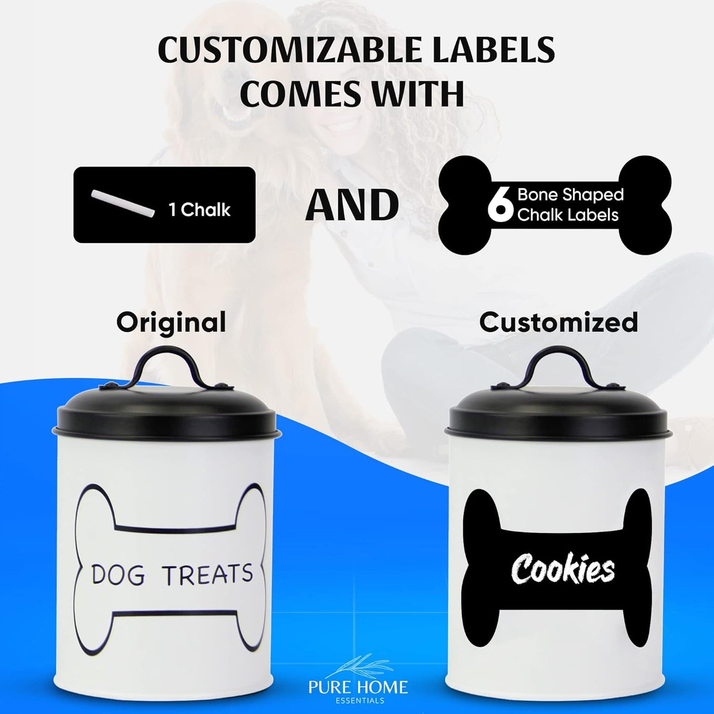 PURE HOME ESSENTIALS Metal Dog Treat Containers with Lids (Set of 3) – Customizable Chalk Labels & Chalk Included – Dog Food Storage/Dog Treat Jars for Kitchen Counter