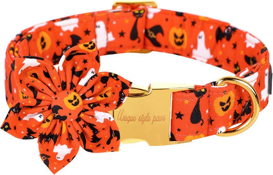 Unique style paws Halloween Dog Collar with Flower Tie Cotton Adjustable Puppy Collar for Small Medium Large Dogs-S
