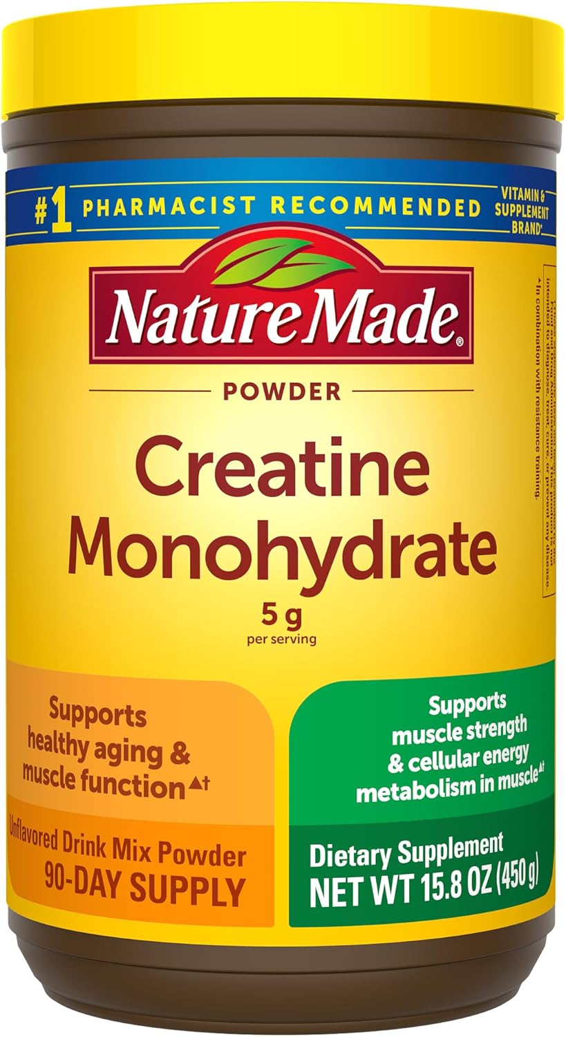 Nature Made Creatine Monohydrate Powder 5 g per Serving, Unflavored Drink Mix Powder, Muscle Support, 450 g, 90 Day Supply