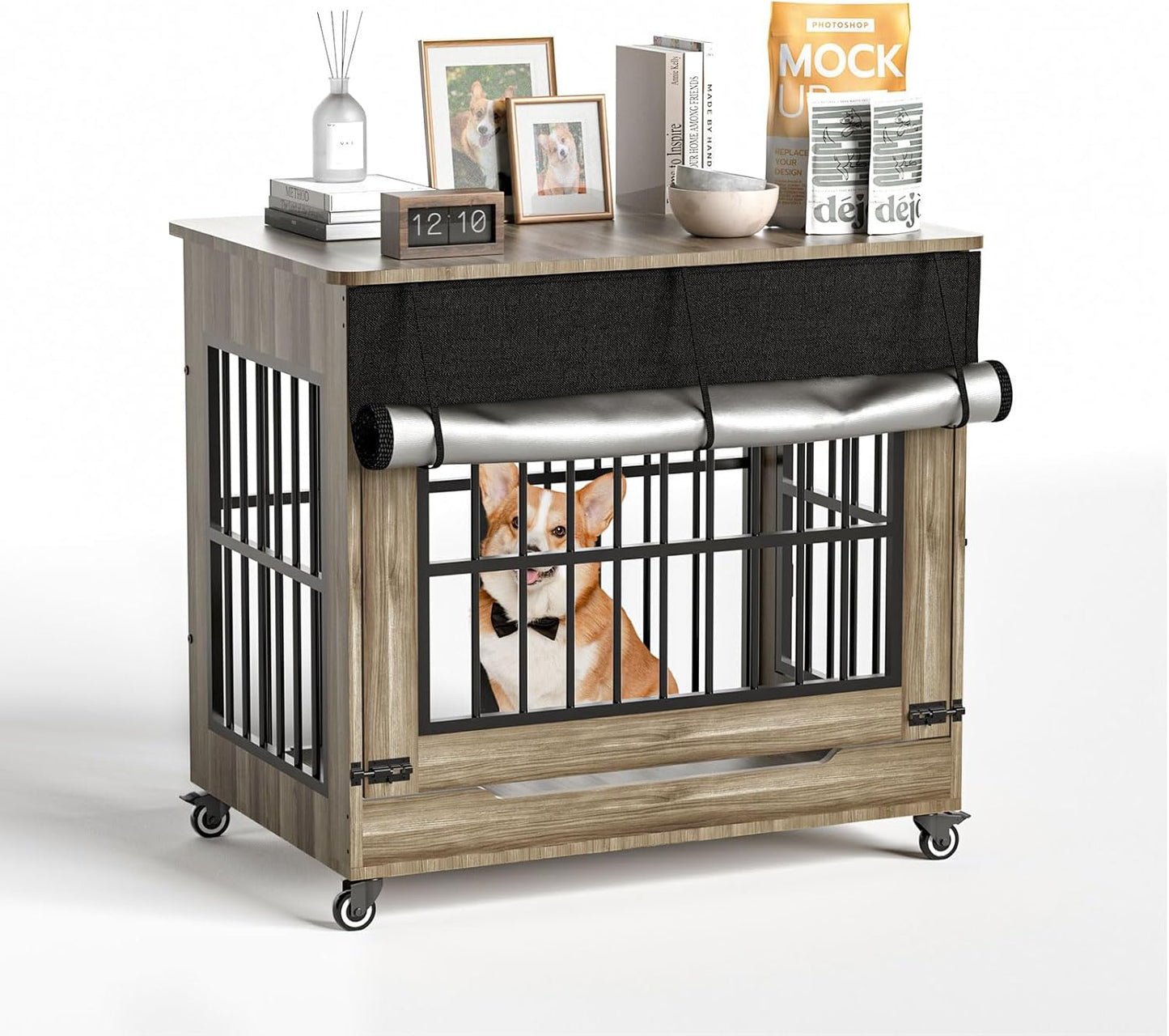 32" Dog Crate Furniture, Double Door Wooden Indoor Dog Kennel Furniture, Decorative Pet Cage End Table with Wheels for Medium and Small Breed Dogs, Size M, Rustic Brown