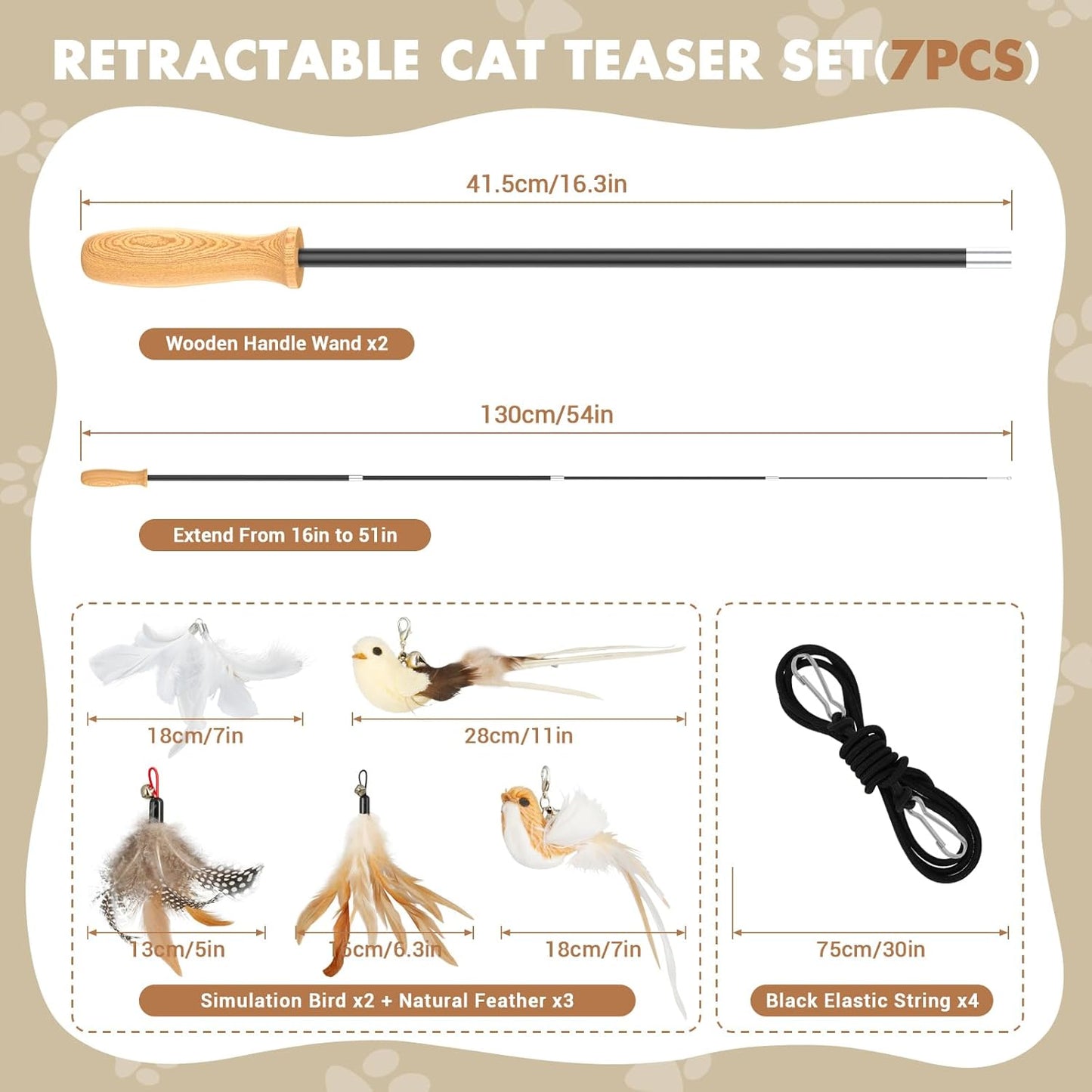 ROSAUI Cat Teaser Wand Toys, Interactive Bird Toy for Indoor Kittens, 53.15’’ Long Cat Fishing Pole Toys, 2X Wires and 5X Natural Refills, Sustainable Wooden Handles, Exercising, Playing