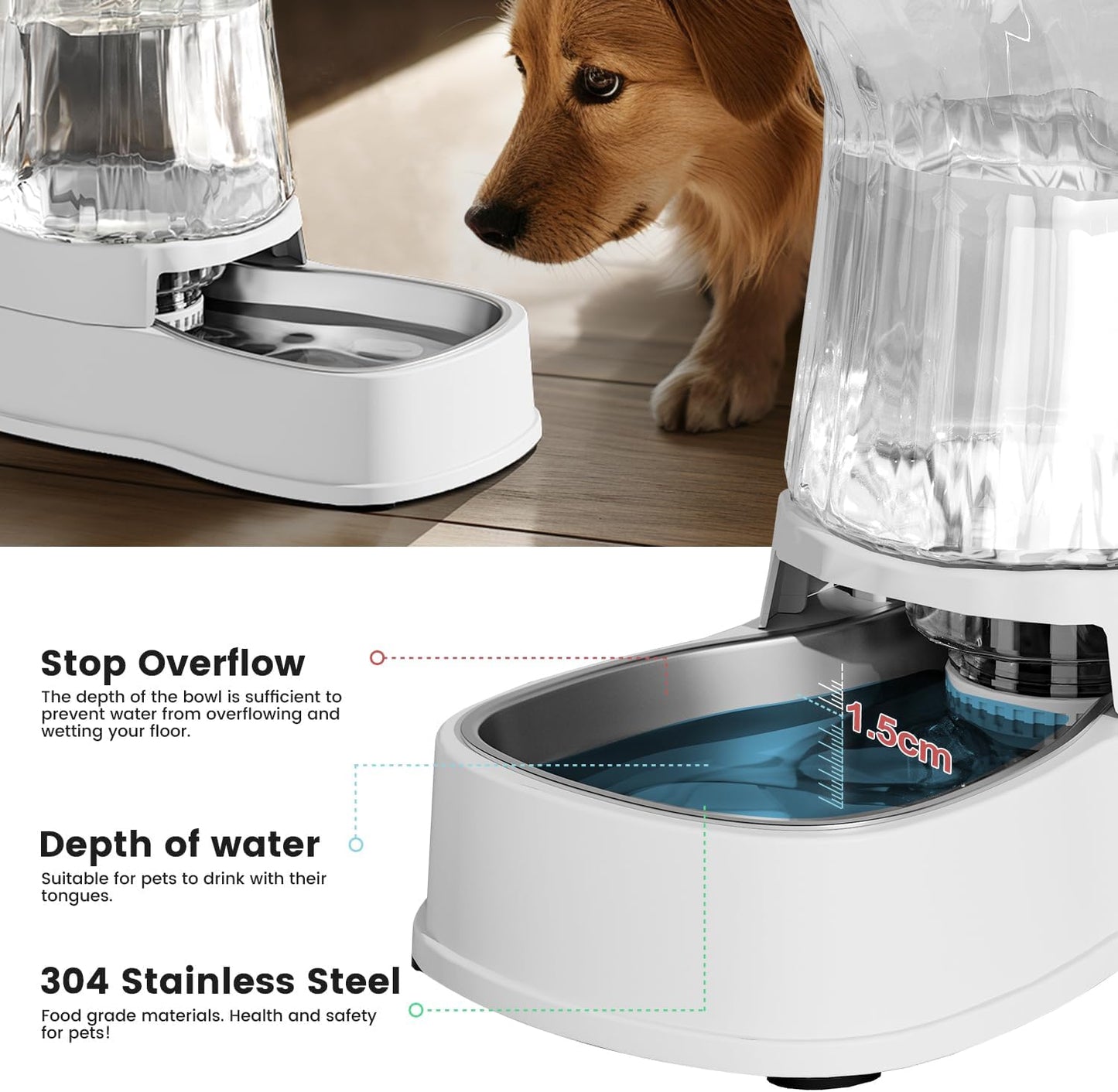 Gardner Pet Automatic Dog Water Dispenser Gravity Stainless Steel Water Waterer Feeder, Large Capacity Water Feeding Bowls for Medium & Large-Sized Dogs Cats Other Pets -(2.1 Gallon)