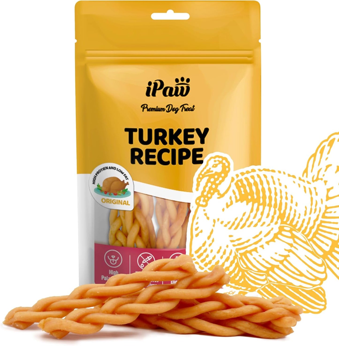 iPaw Turkey Dog Treats, All Natural Human Grade Dog Treat, Suitable for Training chew, US Sourced Raw Material, Hypoallergenic, Rawhide Alternative, Braided Stick