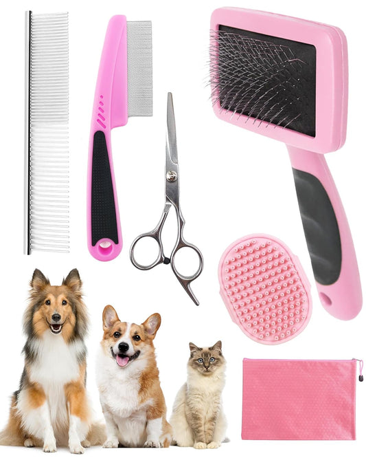 Dog Brush for Shedding Grooming,6 Pack Long-Pin Brush Set for Long Haired Dog Cat Goldendoodles Poodles Doodles Pink