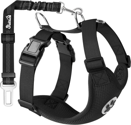 SlowTon Dog Seat Belt Harness for Car, Dog Car Harness Adjustable Mesh Breathable & Dog Seatbelt Safety Tether with Elastic Bungee for Small Medium Large Pets(Black, Single Clip, L)