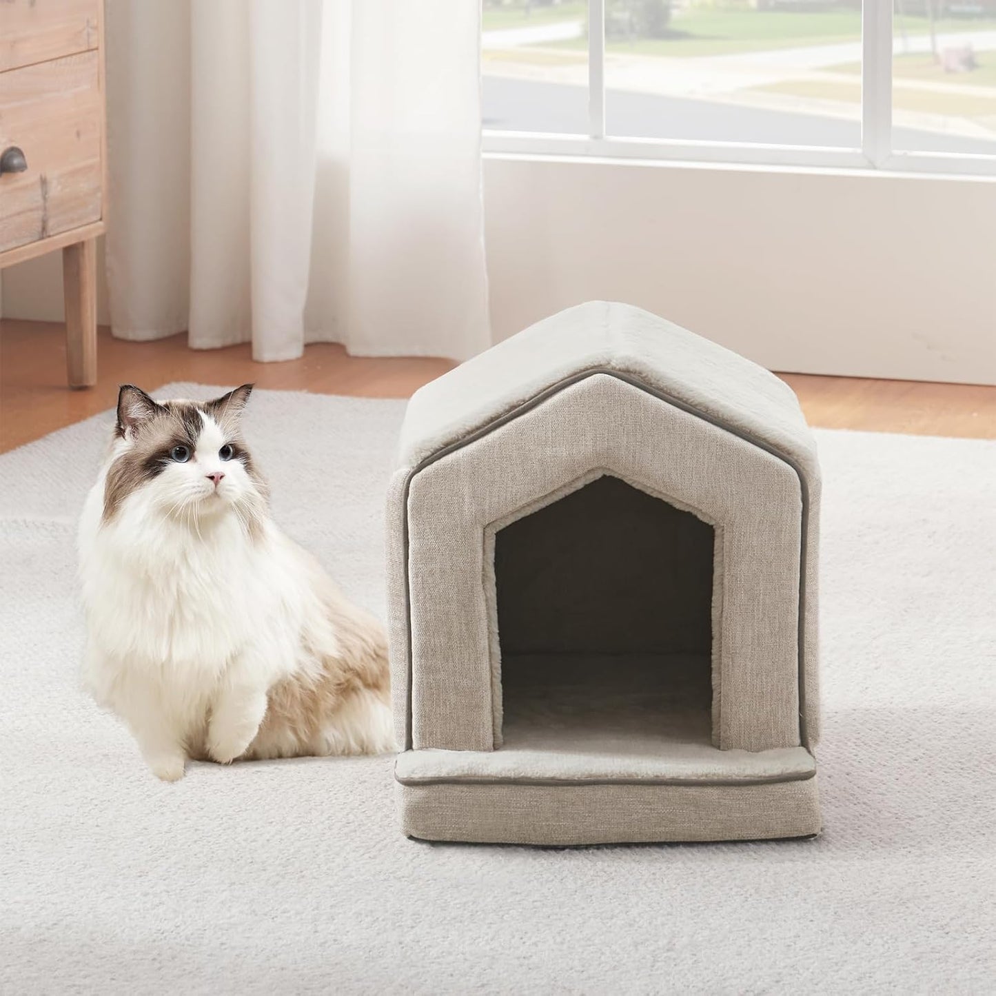 Orthopedic Cat Houses for Indoor Cats,Small Dogs,Super Soft Cat Bed Cave,Condos, Cubes,Cat Hideaway,Covered,Cat Bed for Kitty Small Medium Large Pet (Beige, 18" L x 15" W x 17" Th)