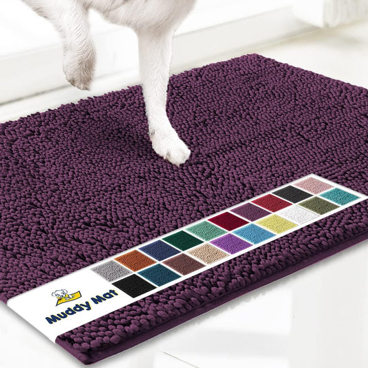 Muddy Mat® AS-SEEN-ON-TV Highly Absorbent Microfiber Door Mat and Pet Rug, Non Slip Thick Washable Area and Bath Mat Soft Chenille for Kitchen Bedroom Indoor and Outdoor - Dark Purple 24" x 96"