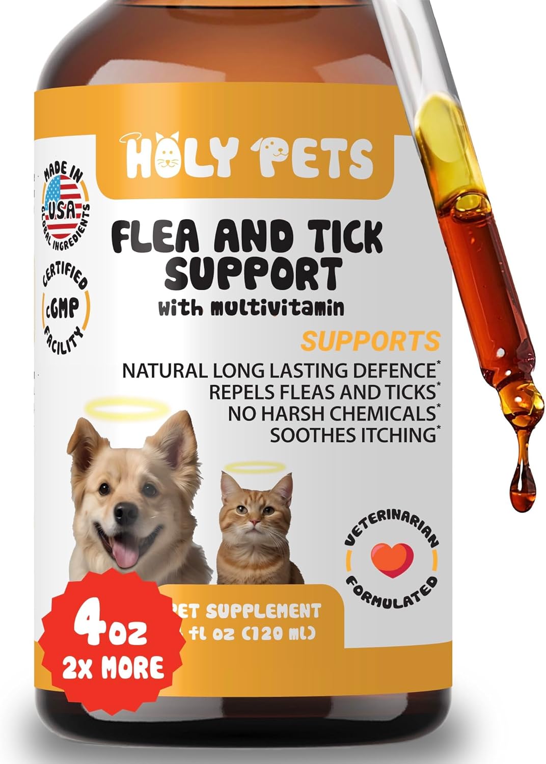 Flea & Tick Oral Drops for Dogs & Cats – Natural Herbal Supplement with B Vitamins – 4 oz, 120 Servings – Safe for All Breeds – Made in USA (4oz)