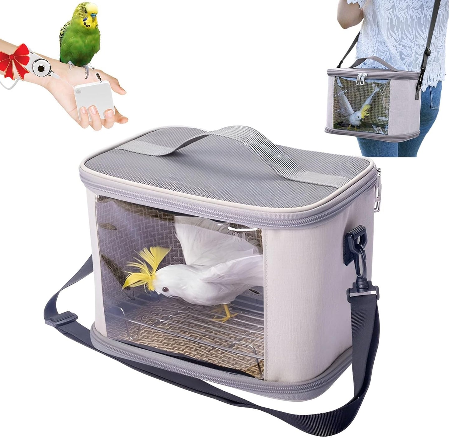 Bird Travel Carrierm, Small Bird Travel Backpack Carrier Cage with Tray and Breathable Clear Window, for Parakeet Cockatiel Budgies, for Camping Hiking (Beige)