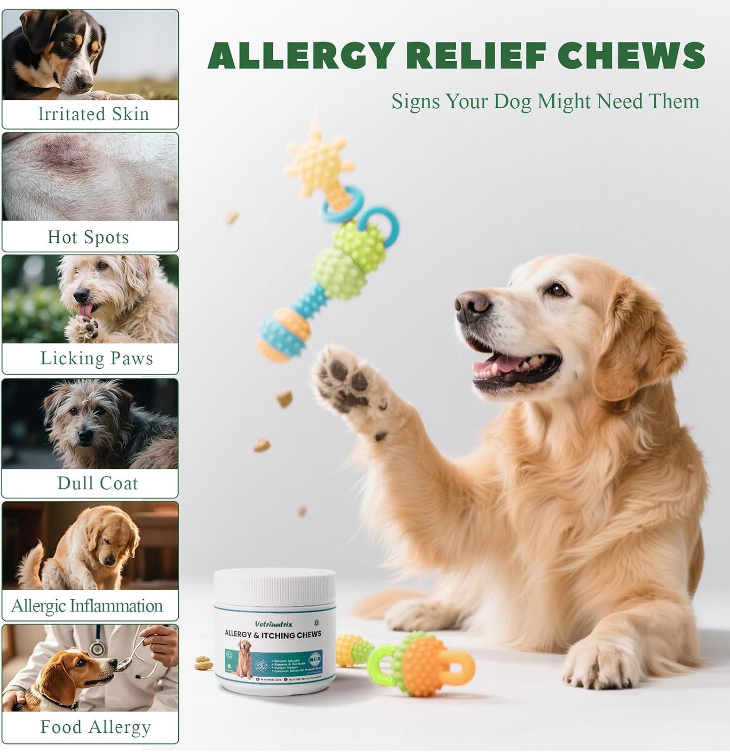 Dog Allergy Chews, Dogs Allergy Relief Chews for Paw Licking Itchy Skin Coat Supplement, Probiotics for Dogs with Colostrum Omega-3 Astragalus Immune Supplement-30ct