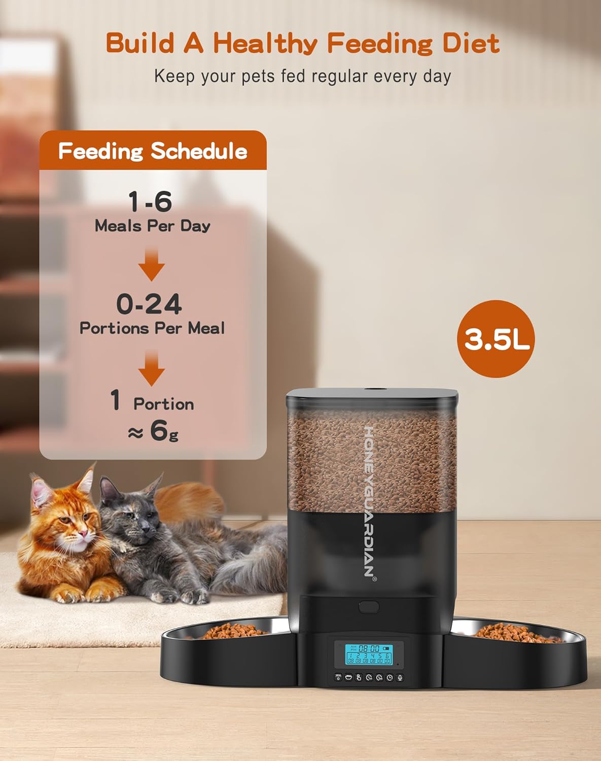 HoneyGuaridan 3.5L Automatic Cat Feeder for Two Cats, Food Dispenser with Stainless Steel Bowl,Timed Cat Feeder Programmable 1-6 Meals Control, Dual Power Supply,10s Meal Call Black