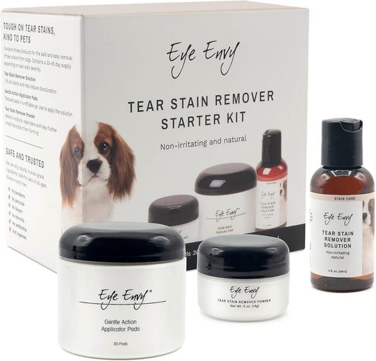 Eye Envy Dog Tear Stain Remover Starter Kit. 100% Natural, Safe. Contains: Stain Solution, Applicator Pads, and Stain Powder. Tear Stain Treatment Kit. Lasts 30-45 Days. Made in USA