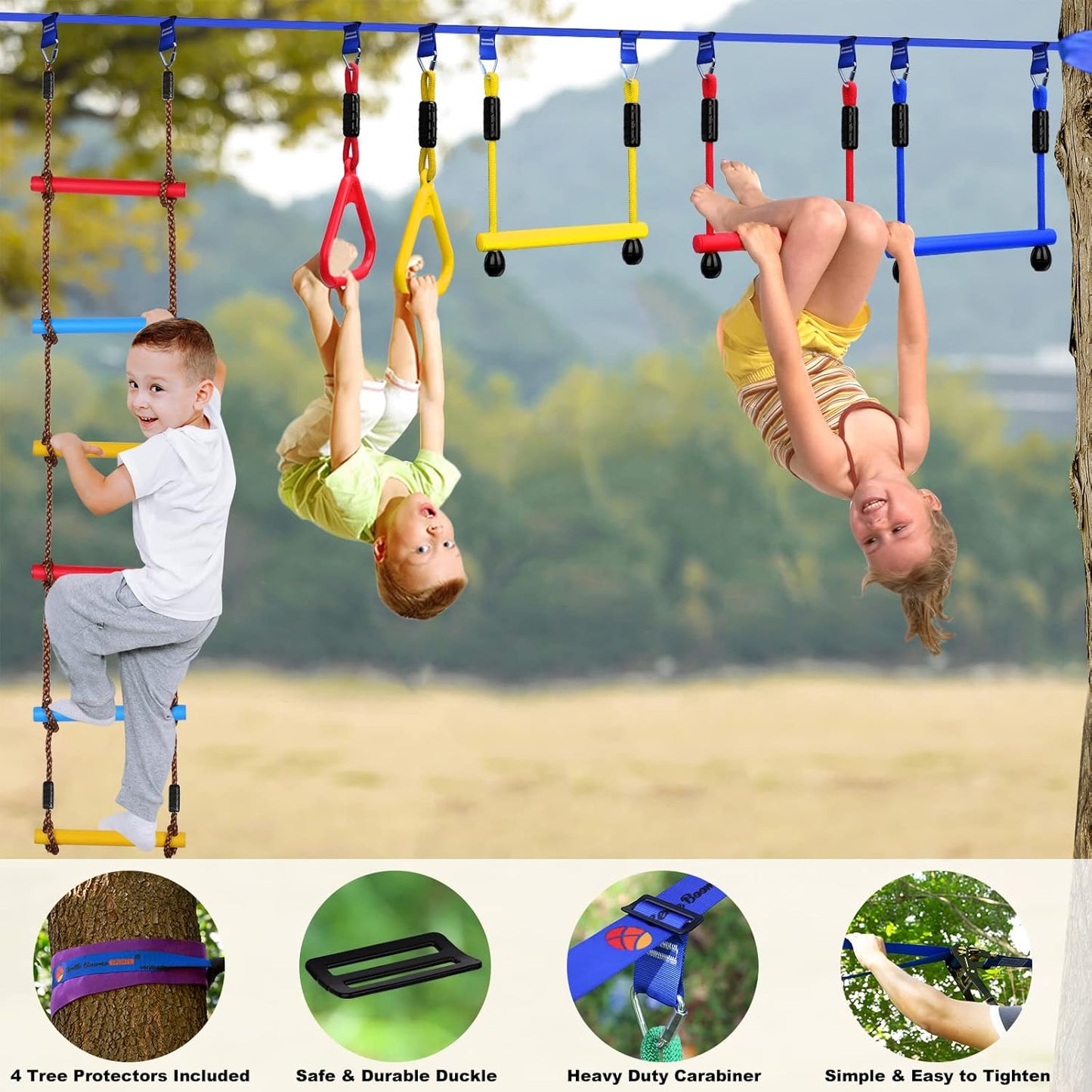 2x65 FT Ninja Warrior Obstacle Course for Kids with 13 Ninja Accessories - 600lbs Weight Capacity, Slackline with Swing Seat, Disc Swing, Ninja Wheel, Rope Ladder, Monkey Bar, Ninja Ring, Arm Trainer