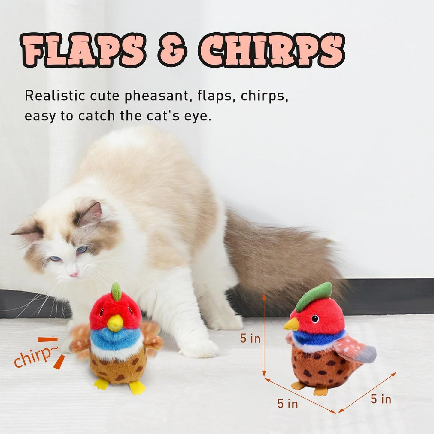 Cat Toys, Flapping Wings Cute Pheasant, No Flying, Chirping Bird Interactive Catnip Toy for Kitten or Small Dogs, Touch Activated, Rechargable