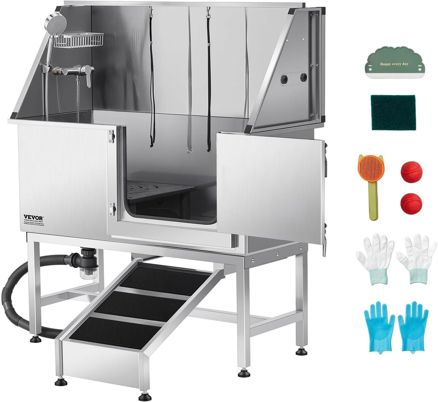 VEVOR Stainless Steel Dog Washing Station, 50 inch Pet Grooming Tub w/Ramp, PE Water Filter Board, Faucet & Showerhead & Soap Holder Dog Bathtub for Large & Medium & Small Pets (Right Door)