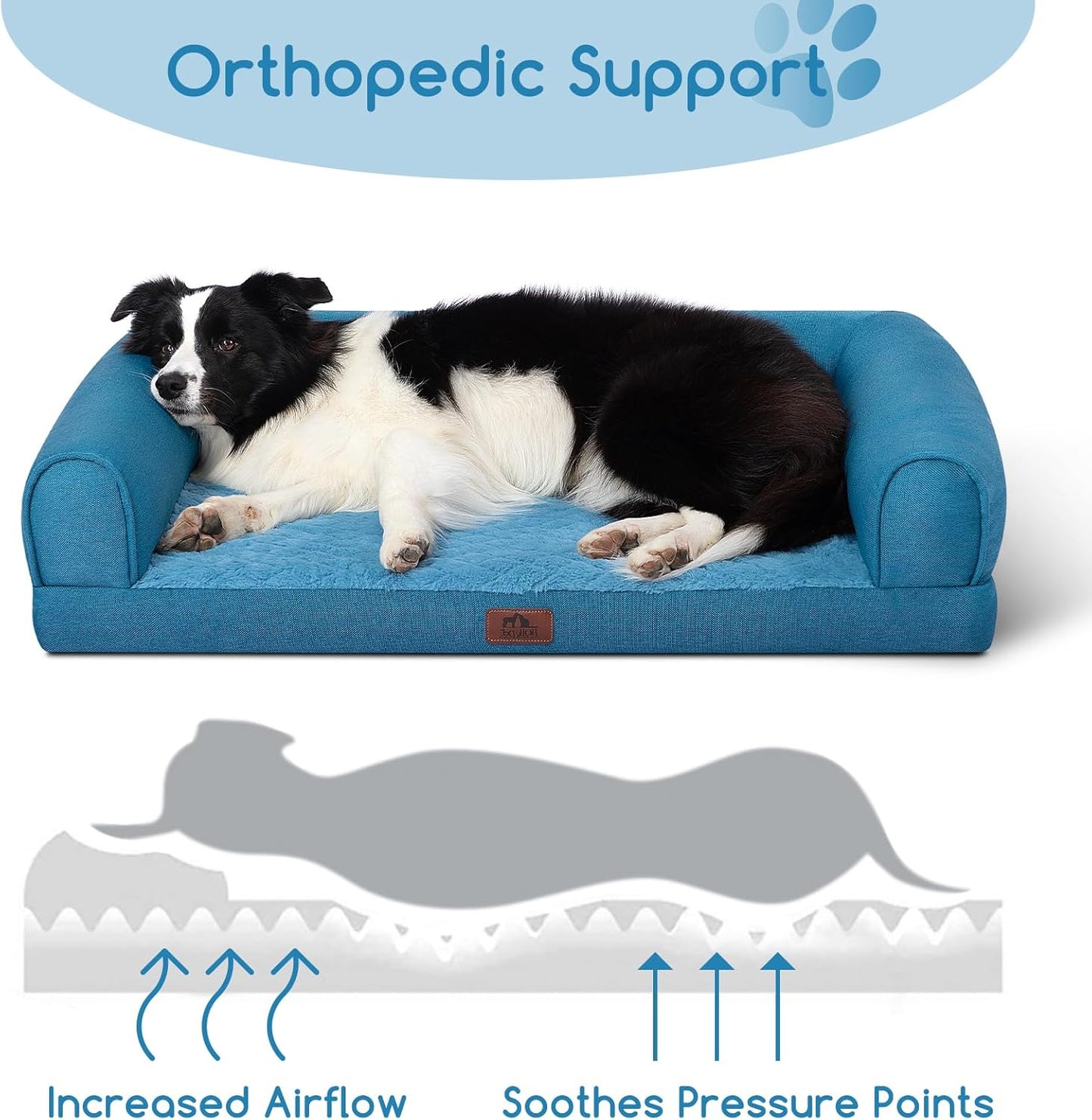 Hollypet Orthopedic Dog Bed for Large Dogs, Supportive Foam Pet Couch with Removable Washable Cover and Non-Slip Bottom, Waterproof Lining Dog Sofa Bed, Blue, L (36 * 26 * 8)