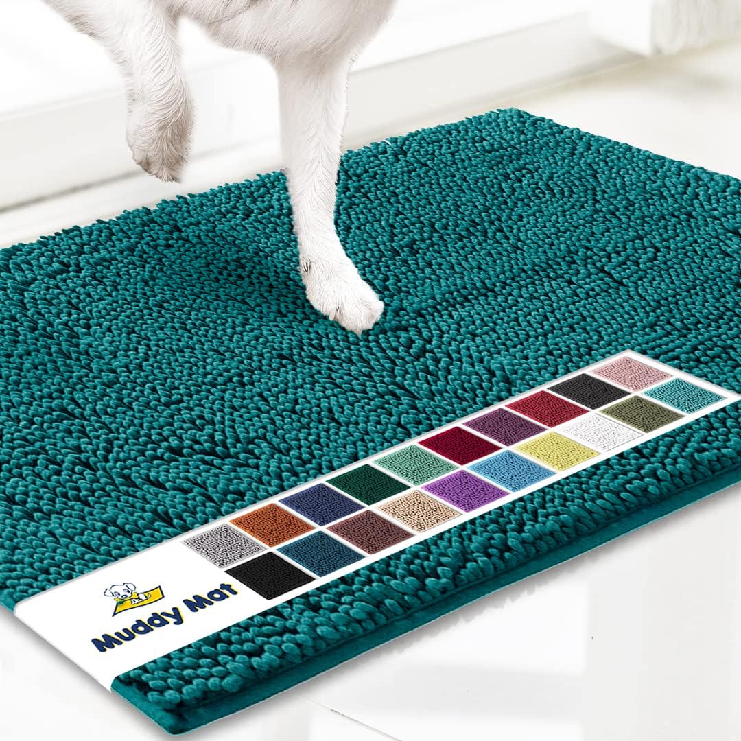 Muddy Mat® AS-SEEN-ON-TV Highly Absorbent Microfiber Door Mat and Pet Rug, Non Slip Thick Washable Area and Bath Mat Soft Chenille for Kitchen Bathroom Bedroom Indoor and Outdoor - Teal 36" x 120"