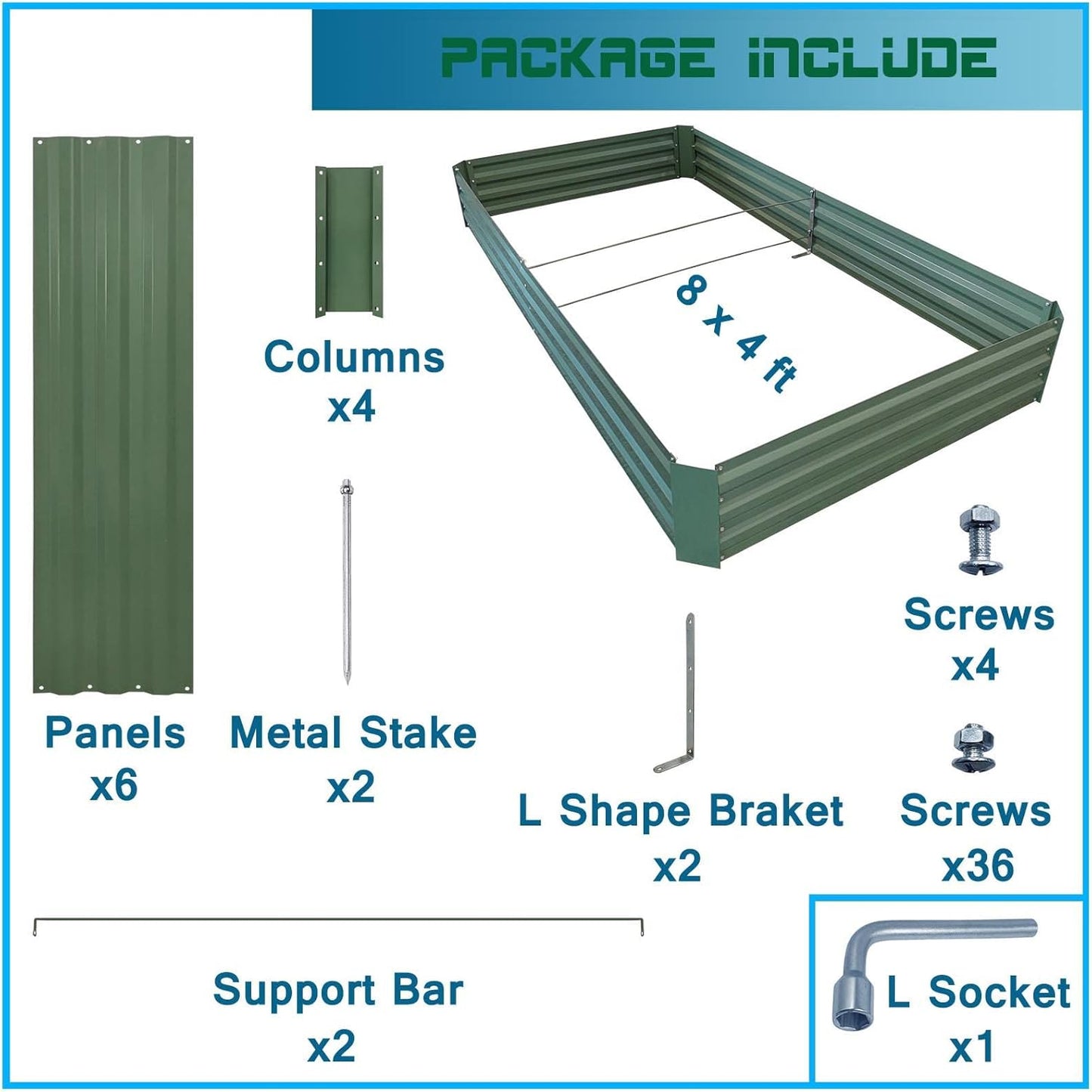 8x4x1ft Metal Raised Garden Bed Kit，Galvanized Garden Bed Box for Vegetables, Flowers, Herbs, and Succulents,240 Gallon Capacity - Green