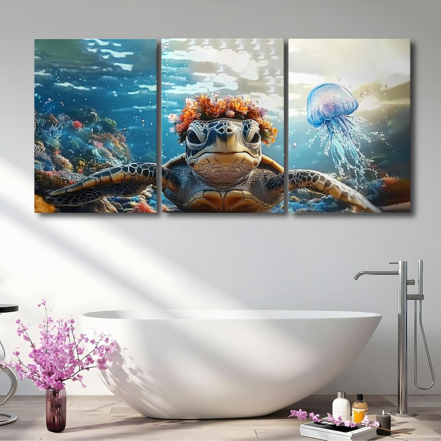 Wivsev Sea Turtle Canvas Wall Art,Under Sea Wall Art,Sea Life Pictures Wall Decor,Ocean Animal Painting for Bathroom,Living Room,Bedroom (24" x 36" x 3 pcs)