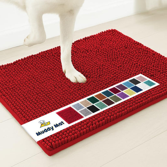 Muddy Mat® AS-SEEN-ON-TV Highly Absorbent Microfiber Door Mat and Pet Rug, Non Slip Thick Washable Area and Bath Mat Soft Chenille for Kitchen Bathroom Bedroom Indoor and Outdoor - Red 5ft x 7ft