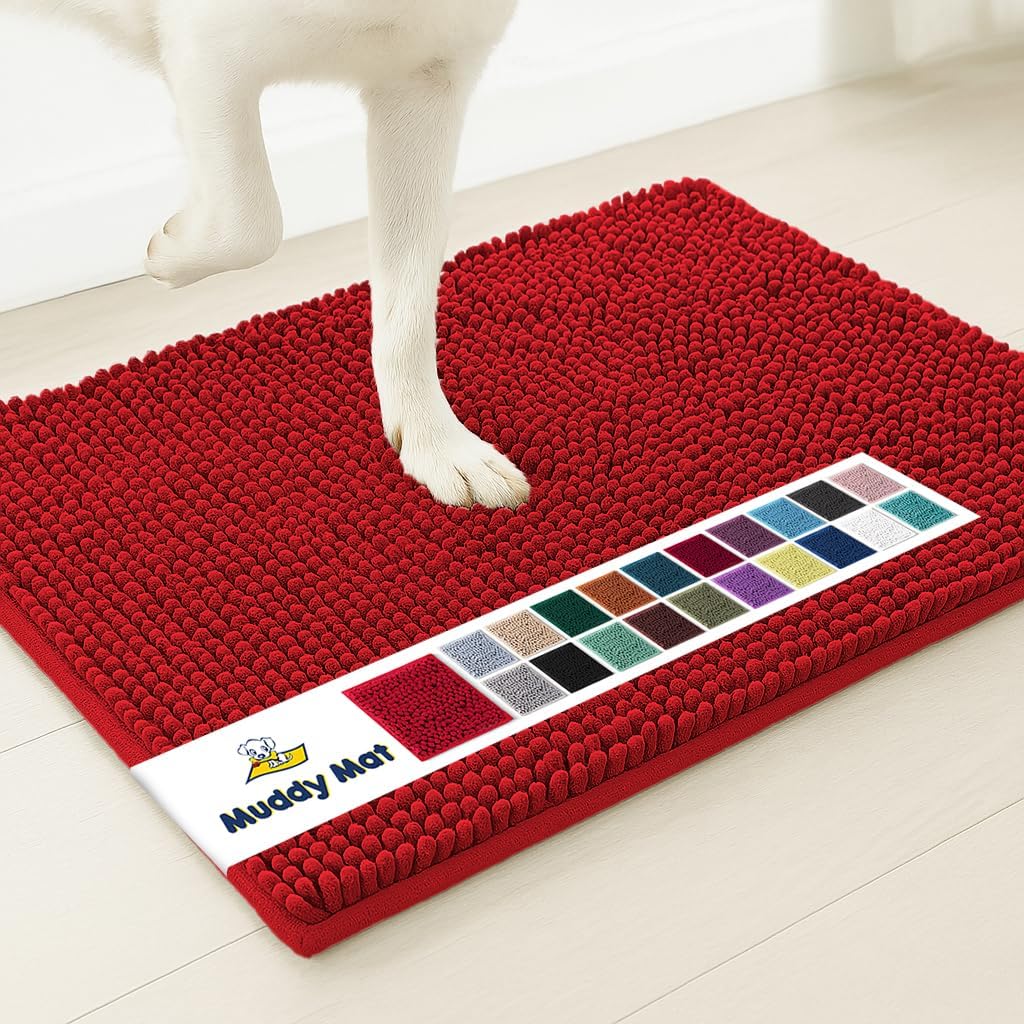 Muddy Mat® AS-SEEN-ON-TV Highly Absorbent Microfiber Door Mat and Pet Rug, Non Slip Thick Washable Area and Bath Mat Soft Chenille for Kitchen Bathroom Bedroom Indoor and Outdoor - Red 24" x 120"