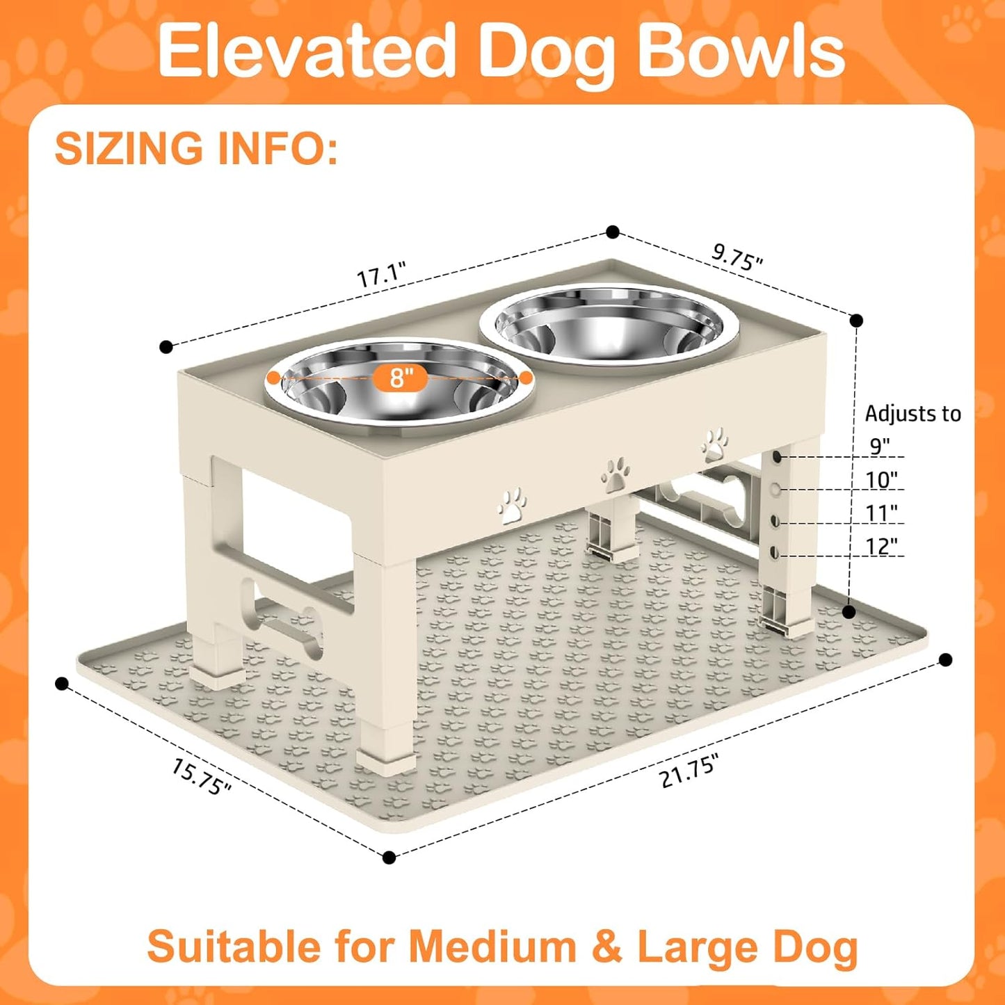 Elevated Dog Bowls with Mat, Raised Dog Food Bowl Stand with 2 Stainless Steel Bowls, 5 Height Adjustable (3.1", 9", 10", 11", 12") Non-Slip Feeder Set for Medium and Large Dogs – Apricot
