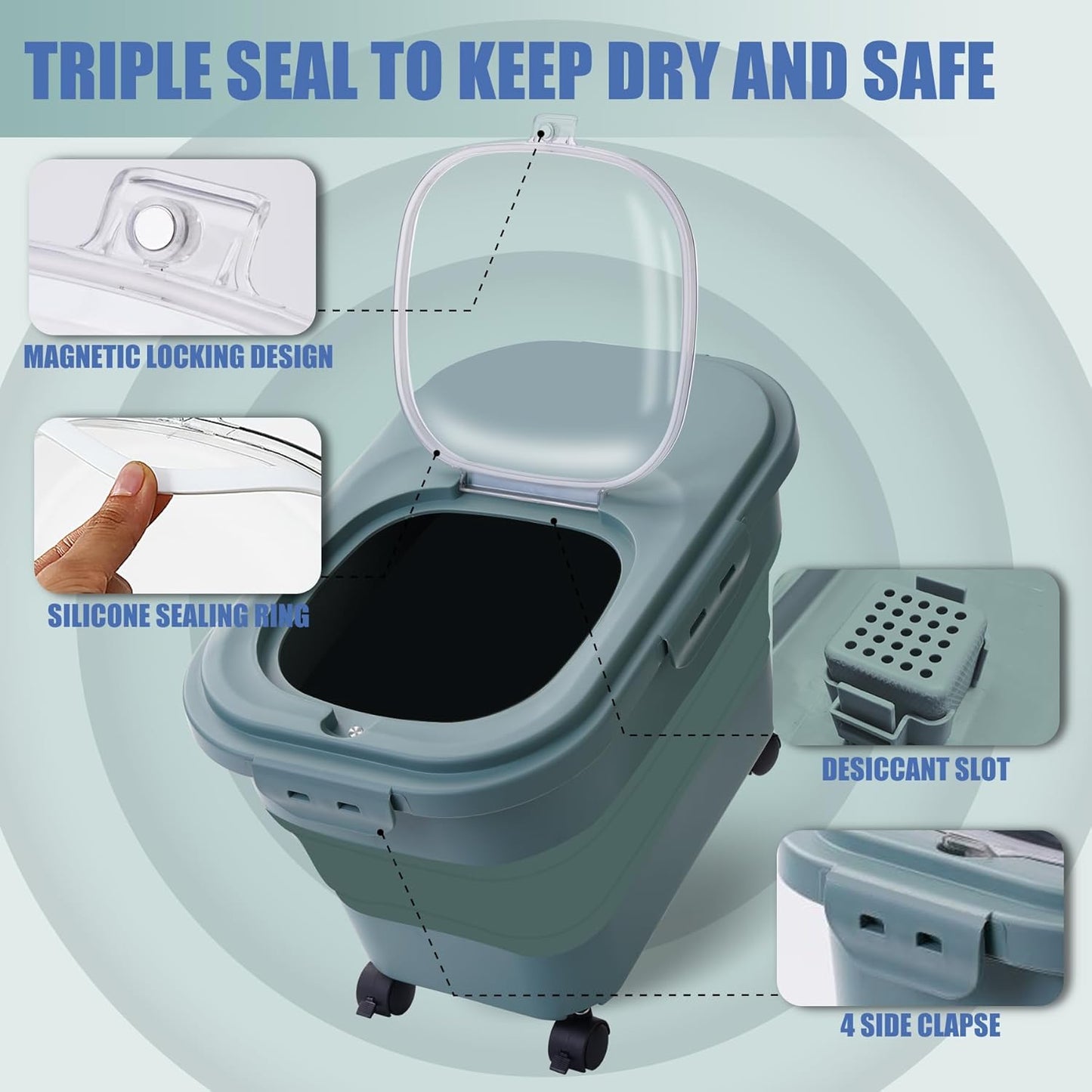 Collapsible Dog Food Storage Container with Lids, Airtight 30 35 Lbs Rice Cereal Flour Sugar Containers Dispenser, Sealable 20 25 Lbs Dog Pet Cat Bird Seed Kitchen Holder Bin Bucket with Rolling Wheel