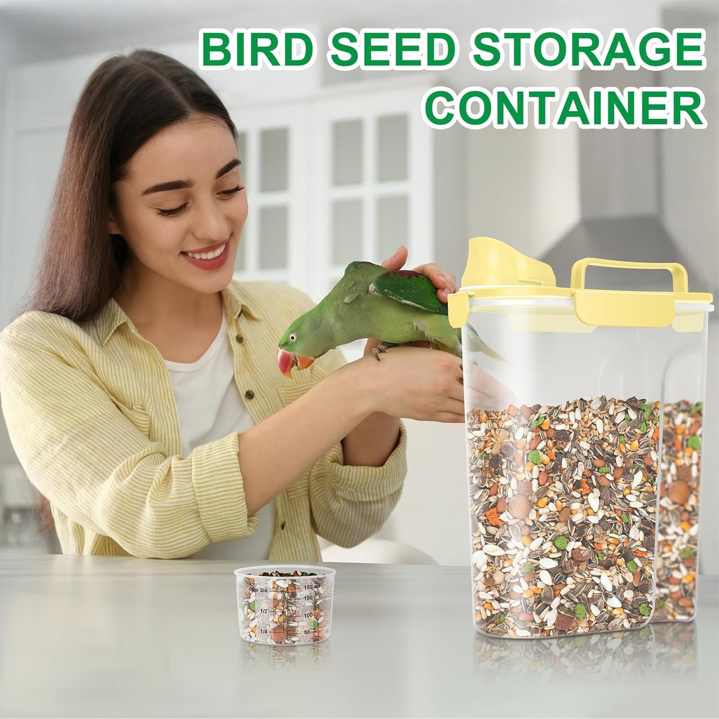 TBMax Pet Dog Cat Food Storage Container 5 to 7 lbs, Airtight Bird Seed Container with Large Spout & Cup, Cat Food Storage Dispenser for Kibble Dog Treat - Light Yellow