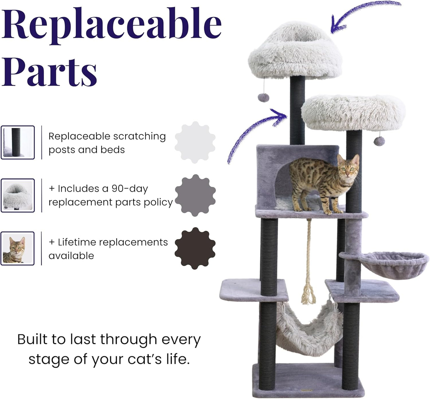 Catry Bradbury 7-Level 62.5” Modern Cat Tree with Replaceable Scratching Posts,Big Condo,Two Washable Beds, Two Hammocks,Quick Assembly, for Multi-Cat Homes(Cloud Gray)