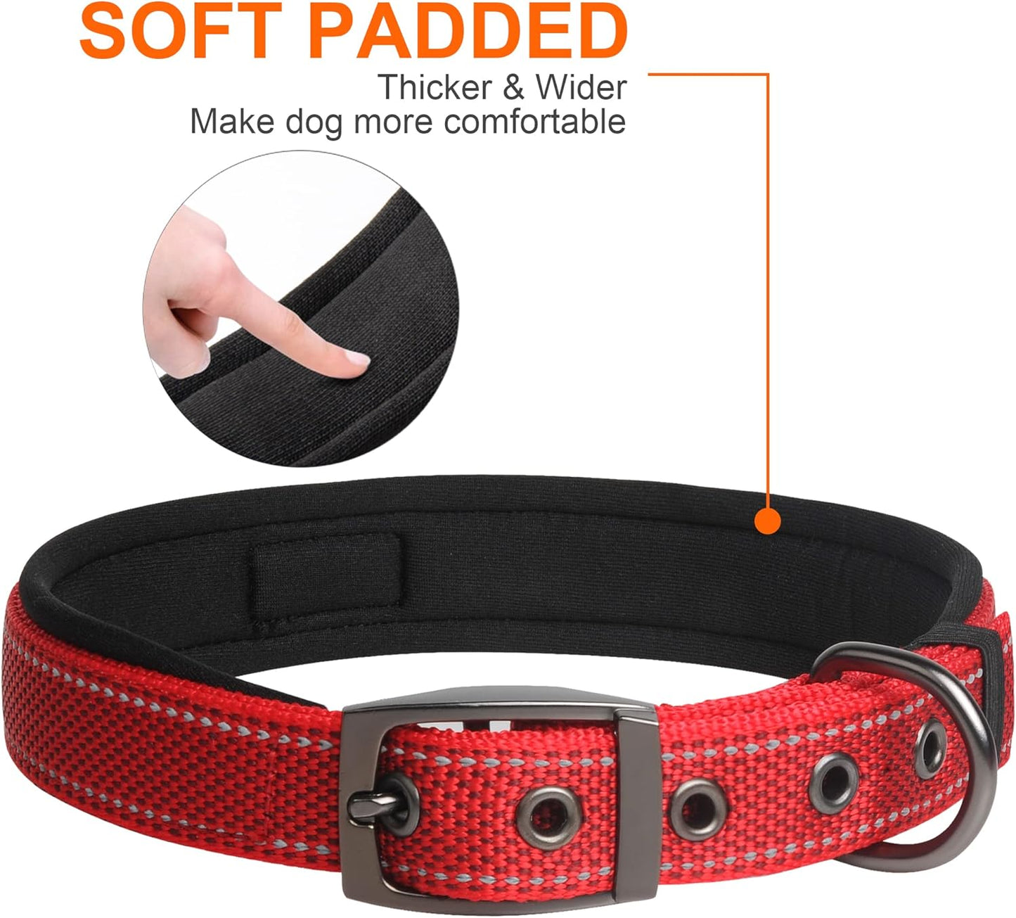 Fida Heavy Duty Dog Collar, Ultra Comfortable Soft Neoprene Padded, Adjustable Reflective Nylon Pet Collar with Durable Metal Belt Buckle for Medium Breeds (M, Red)