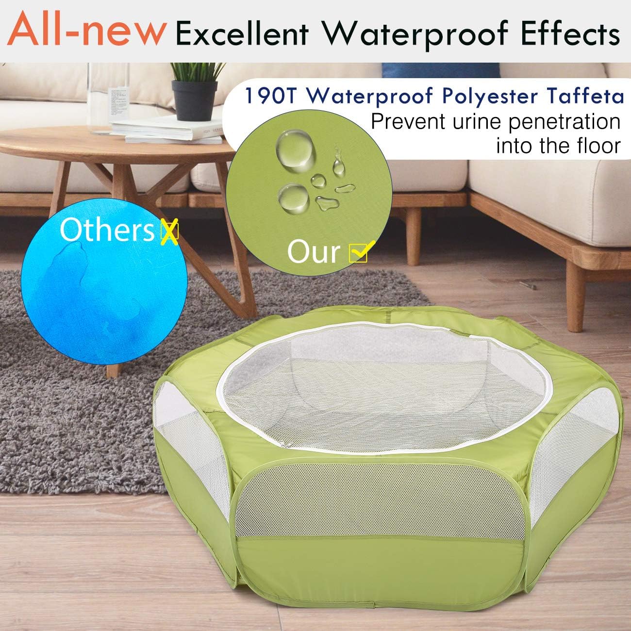 Pawaboo Small Animals Playpen, Waterproof Small Pet Cage Tent with Zippered Cover, Portable Outdoor Yard Fence with 3 Metal Rod for Chick/Kitten/Puppy/Guinea Pig/Rabbits/Hamster/Chinchillas,Green