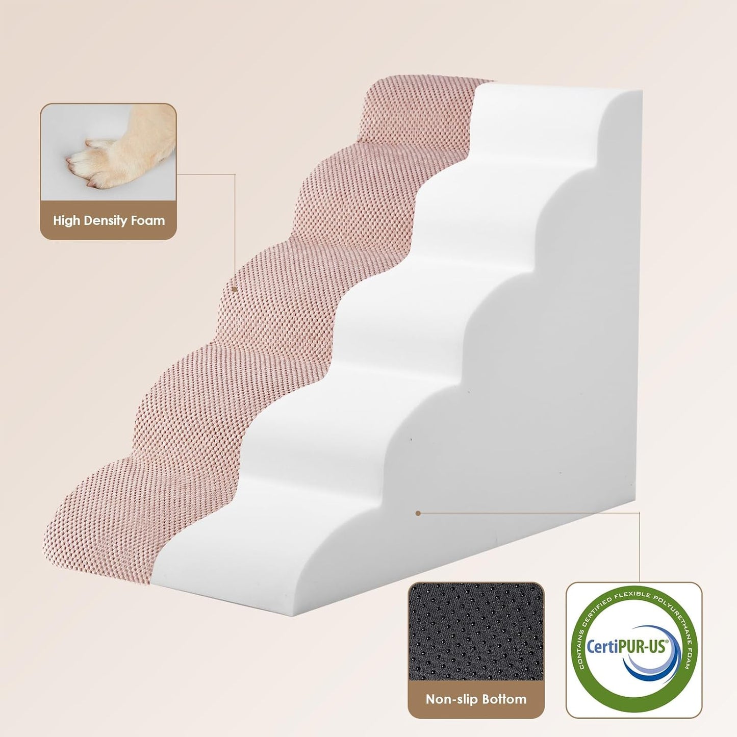 EHEYCIGA Curved Dog Stairs Ramp for High Beds 22.6" H, 5-Step Dog Steps for Small Dogs and Cats, Pet Stairs for High Bed Climbing, Non-Slip Balanced Pet Step Indoor, Dusty Pink