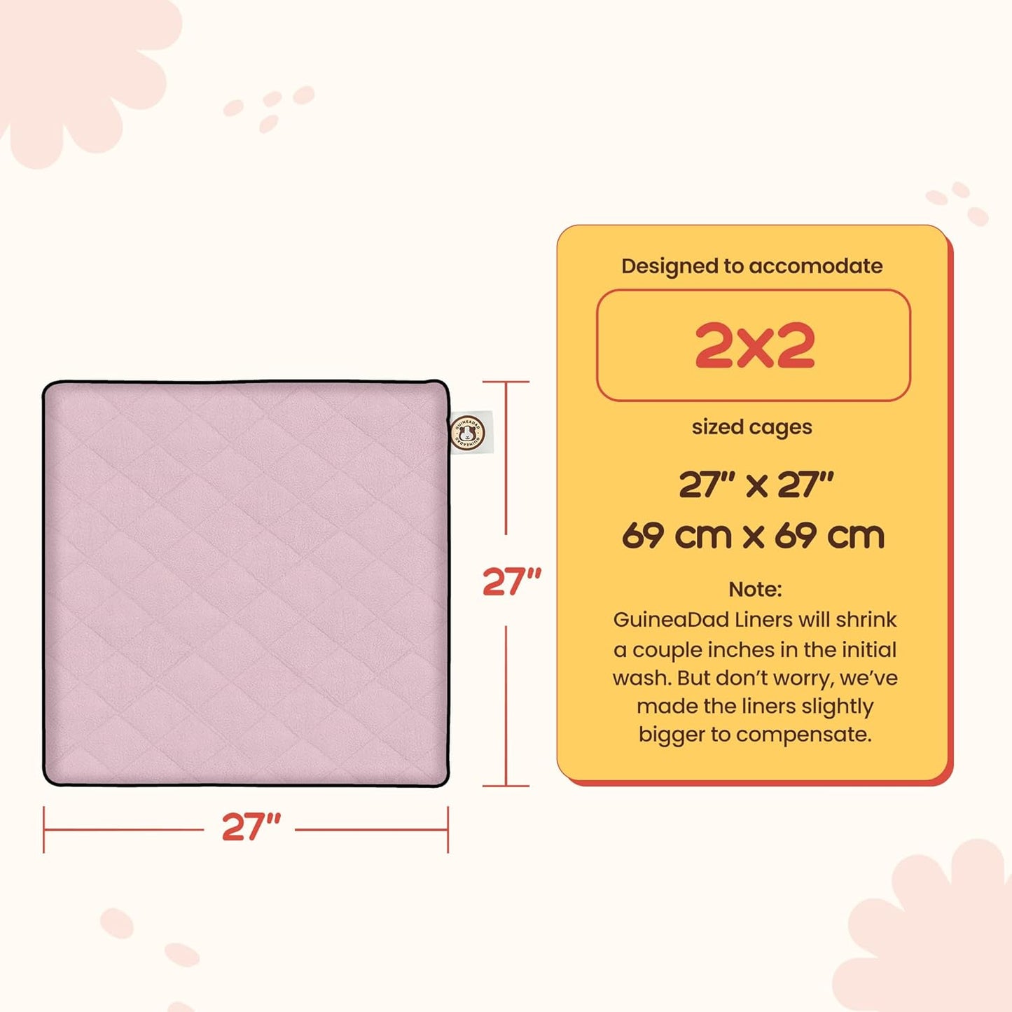 GuineaDad Premium Liner – Fleece Guinea Pig Cage Liner – Ultra-Plush Reusable Fleece Bedding with Waterproof Bottom – Extra Absorbent Liner for 2x2 C&C (Blush)