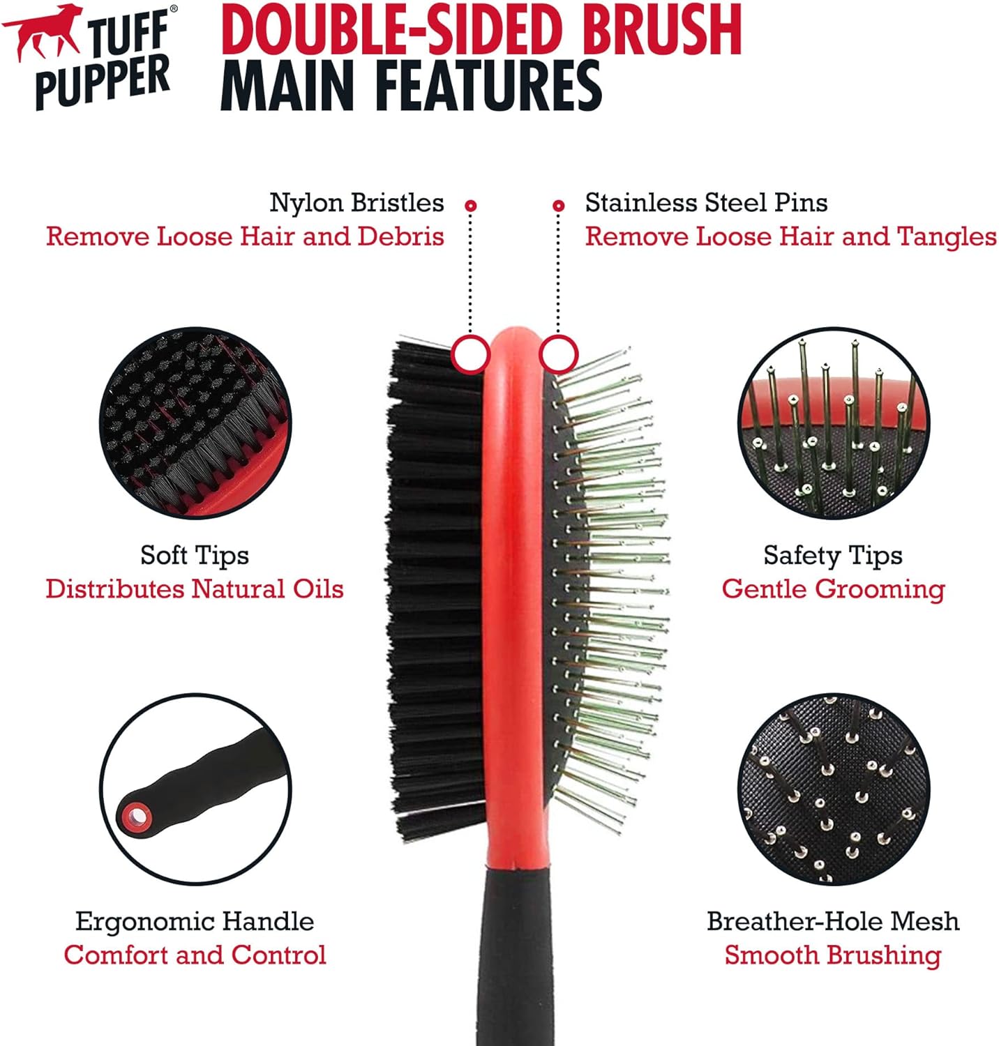 Tuff Pupper Double Sided Dog Brush, Detangling Tool for Dogs and Cats, Pin & Bristle Pet Brush, for and Hair Types, With Comfort-Grip Anti-Slip Handle, Brown, Black, White