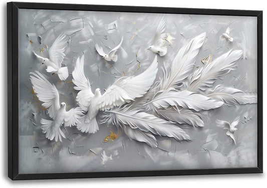 Quorin Feather Dove Bird Large Wall Art White Gray Holy Wings Pictures Peaceful Birds Flying Wall Decor Canvas Print Painting Artwork for Bathroom Living Room Bedroom 36L x 24W