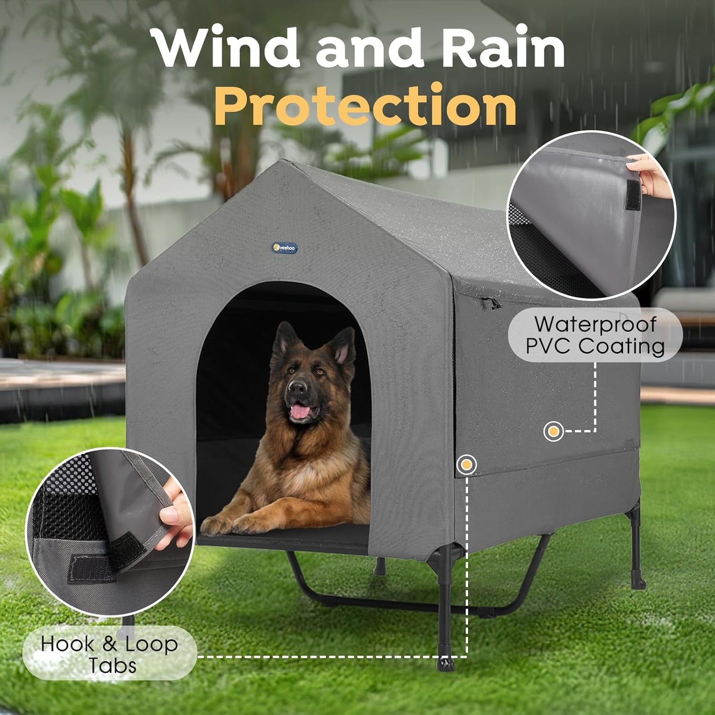 Veehoo 47" Dog House, 2-in-1 X-Large Dog House Outdoor Indoor Weatherproof, Outside Elevated Dog Cot Bed Dog Tent Shade, Three-Sided Breathable Mesh Windows and Sunshades, CWC2435CP