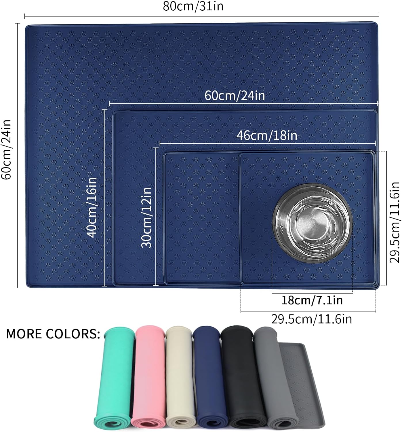 Ptlom Silicone Pet Placemat for Dog and Cat, Waterproof Non-Slip Pet Feeding Bowl Mats for Food and Water, Small Medium Large Tray Mat Prevent Residues from Spilling to Floor, Navy Blue, 24.5" 16.5"