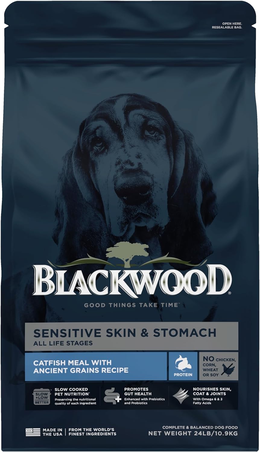 Blackwood Sensitive Skin & Stomach Dry Dog Food, Catfish Meal & Brown Rice with Ancient Grains, 24 Pound Bag with Prebiotics & Probiotics to Promote Gut Health