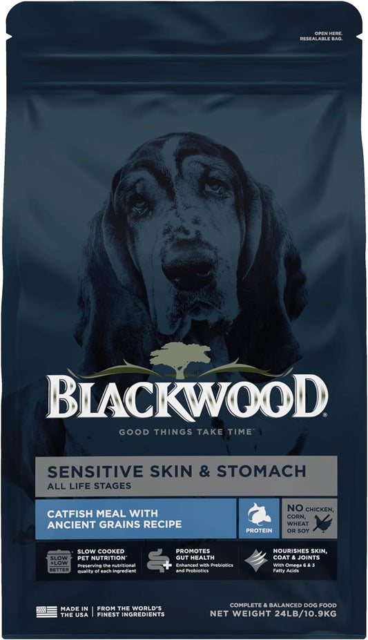 Blackwood Sensitive Skin & Stomach Dry Dog Food, Catfish Meal & Brown Rice with Ancient Grains, 24 Pound Bag with Prebiotics & Probiotics to Promote Gut Health