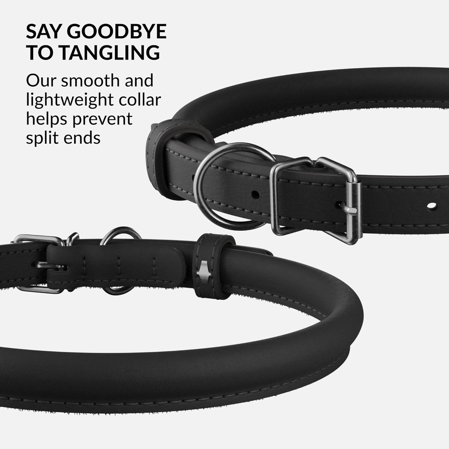 CollarDirect Rolled Leather Dog Collar, Soft Padded Round Puppy Collar, Handmade Genuine Leather Collar Dog Small Large Cat Collars 13 Colors (15-19 Inch, Black Smooth)