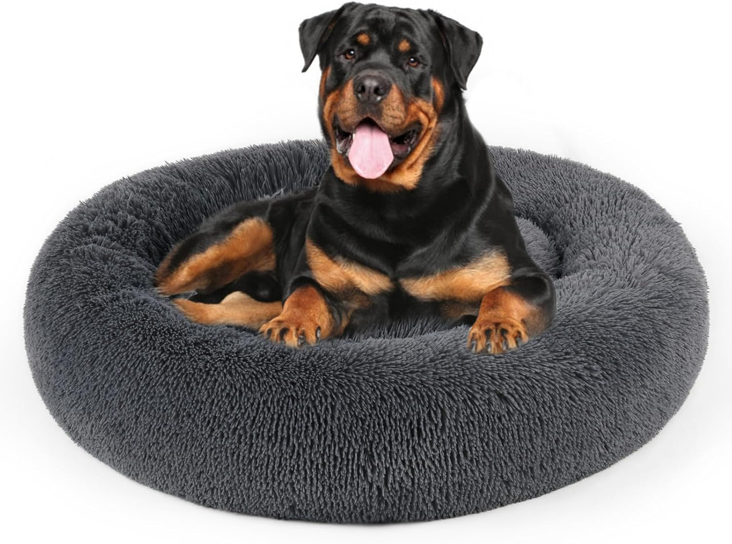 Dog Bed, Cat Calming Bed, Faux Fur Pillow Pet Donut Cuddler Round Plush Bed for Large Medium Small Dogs and Cats (Dark Grey, 44.0" L x 44.0" W x 7.0" Th)