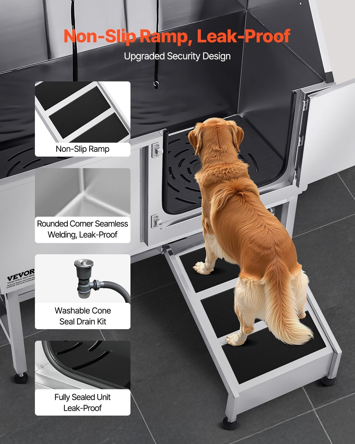 VEVOR Stainless Steel Dog Washing Station, 50 inch Pet Grooming Tub w/Ramp, PE Water Filter Board, Faucet & Showerhead & Soap Holder Dog Bathtub for Large & Medium & Small Pets (Right Door)