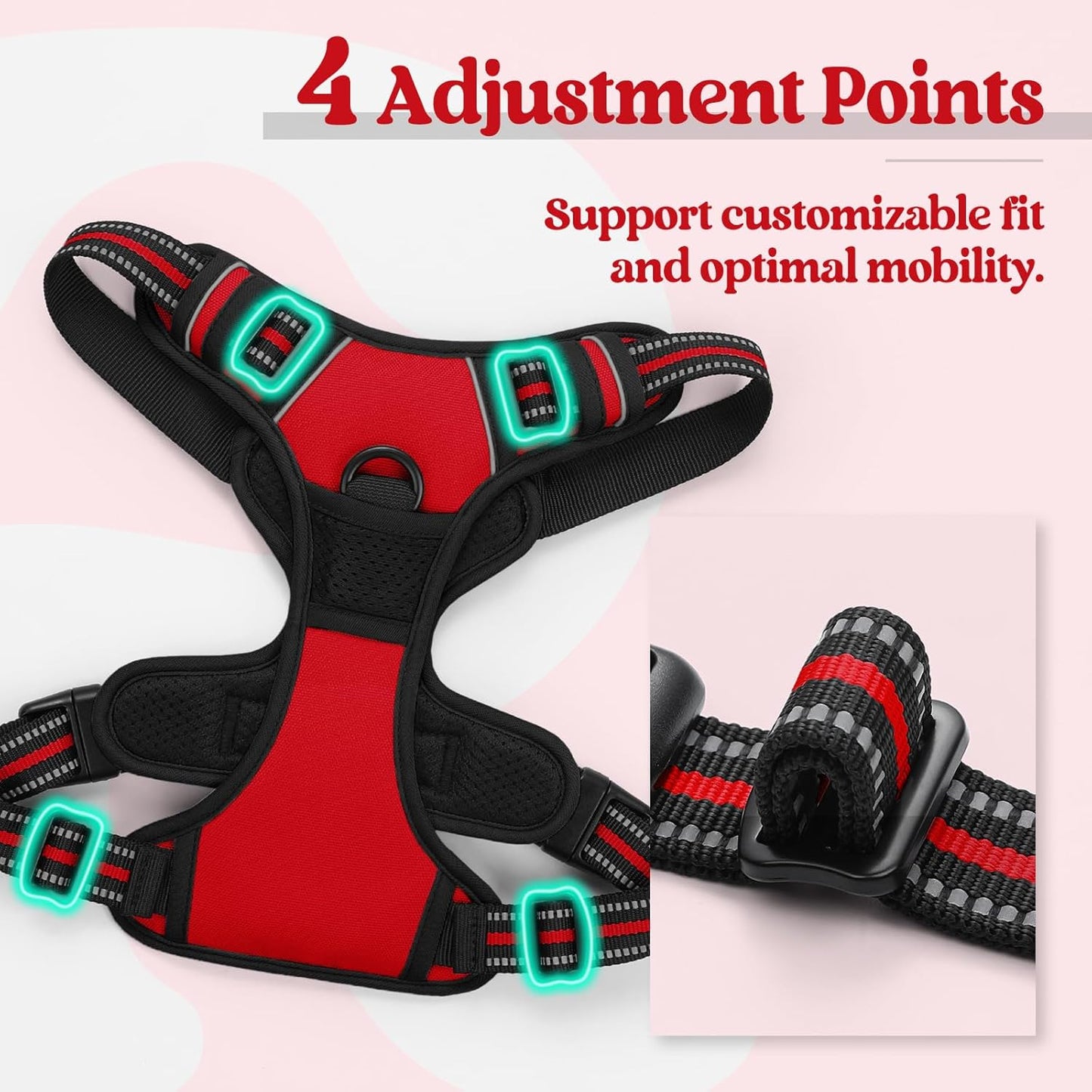 rabbitgoo Dog Harness, No-Pull Pet Harness with 2 Leash Clips, Adjustable Soft Padded Dog Vest, Reflective No-Choke Pet Oxford Vest with Easy Control Handle for Large Dogs, Red, L