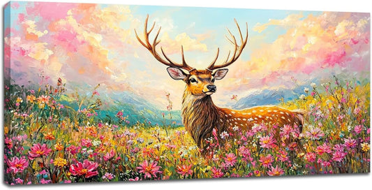 Deer Large Wall Art Wildflower Landscape Pictures Rustic Flowers Wall Decor Wild Animal Nature Canvas Print Painting Artwork for Bathroom Living Room Bedroom 30"x60"