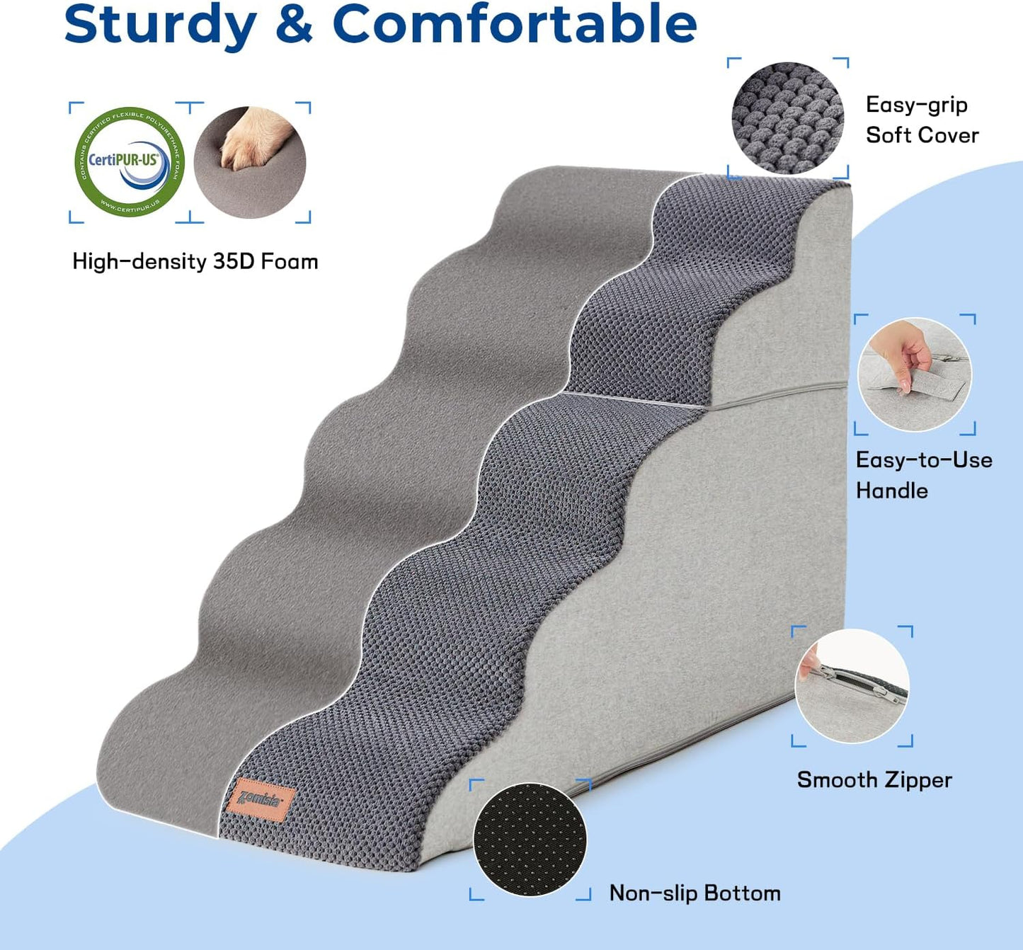 Dog Stairs for High Beds - Pet Stairs Ramp for Couch, 35D Foam Dog Steps for Small to Large Pets, with Non-Slip Bottom Brown, 5 Steps