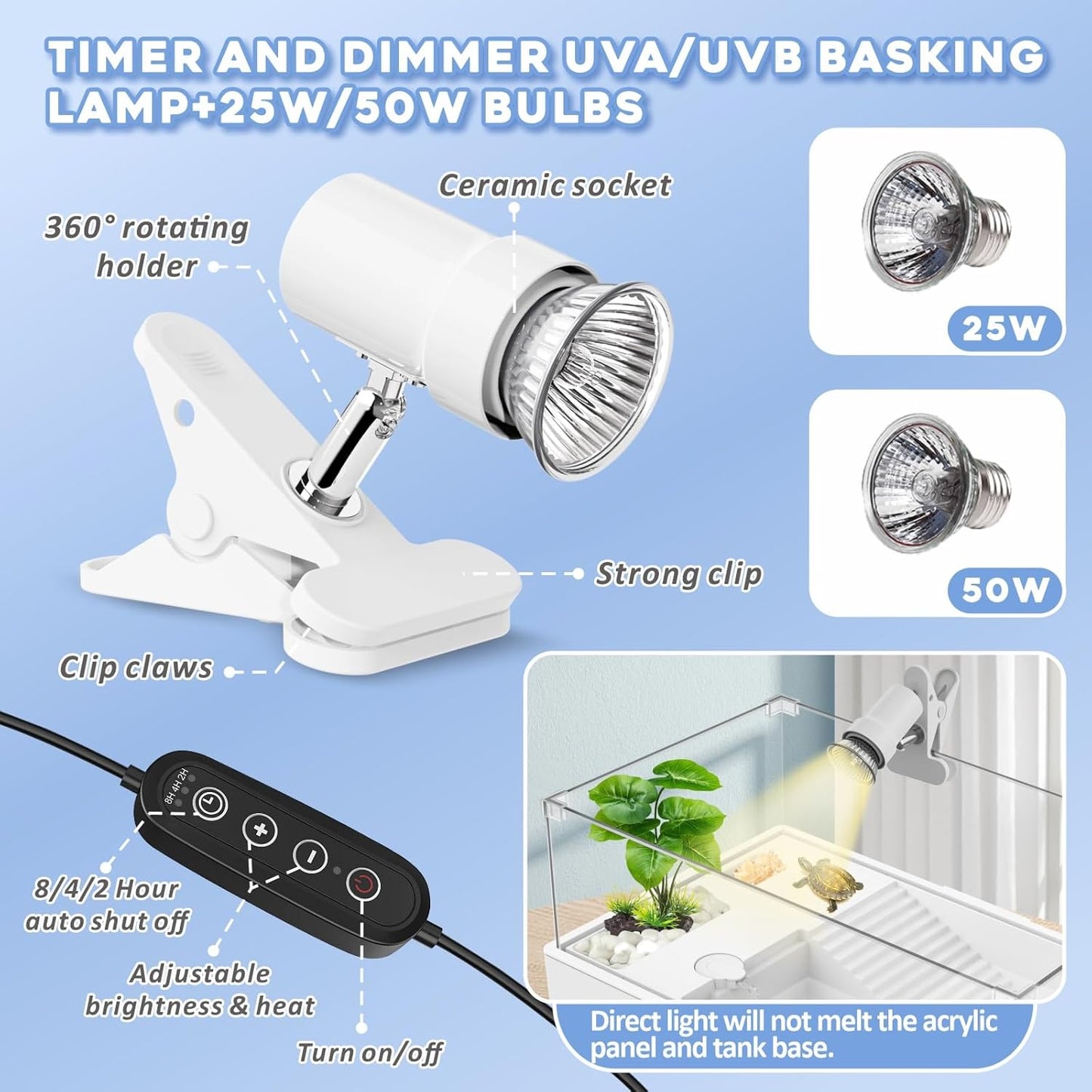 GOZILLA Large Turtle Tank Kit+Water Pump+Lamp, Acrylic Turtle Tank Starter Kit with Adjustable 5W Water Pump and Timing/Dimming Lamp, Multi-Functional Area for Small/Medium Turtles(Large-White Kit).