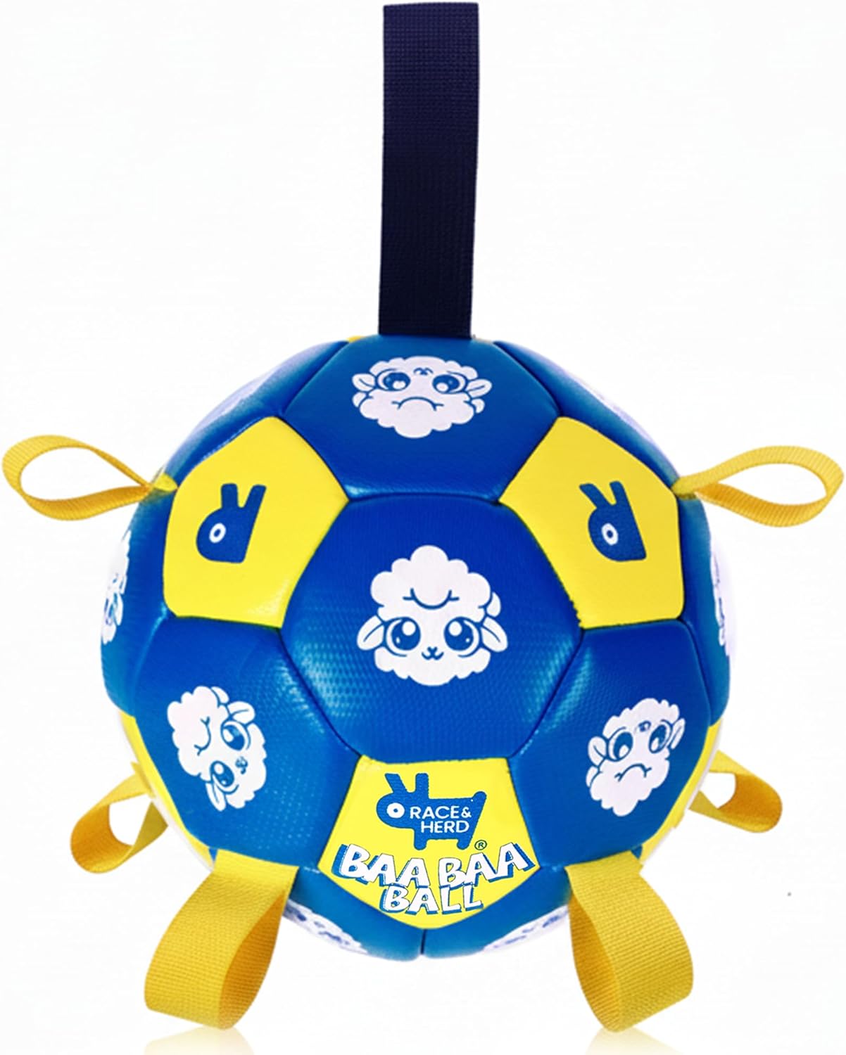 Race&Herd 7" Jolly Soccer Ball for Dogs - Tough Durable Dog Ball Toy with Straps, Pet Bouncy Herding Balls for Dogs, Floating Dog Balls with Tags for Water Fetch (BaaBaaBall, Soccer Sheep)