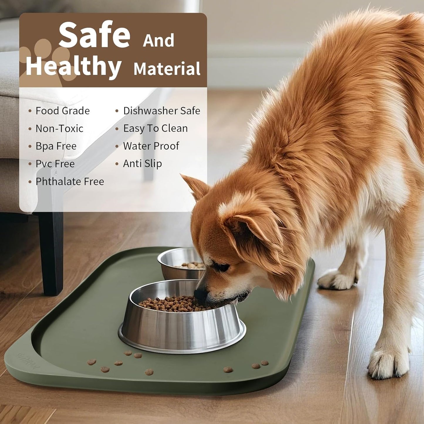 Silicone Pet Feeding Mat with Raised Edge & Residue Collection Pocket for Food and Water, Dog Bowl Mats, Cat Bowls Placemat with High Lip for Floor Waterproof, 19 x 12 x 0.7 Light Olive Green
