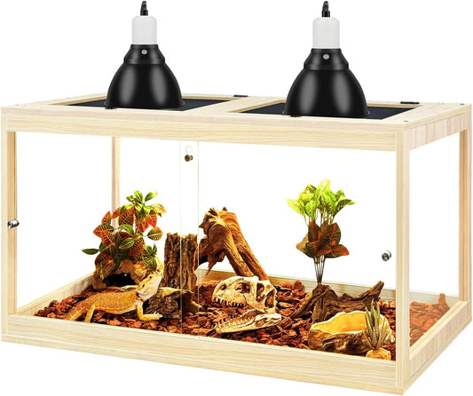 Prolee Tempered Glass Bearded Dragon Tank,Reptile Encloure and Snake Tank with Metal Mesh Roof Door,Locking Design Reptile Tank for Lizard,Gecko,Chameleon (Oak, 28 Gallon (24x16x16 Inch))