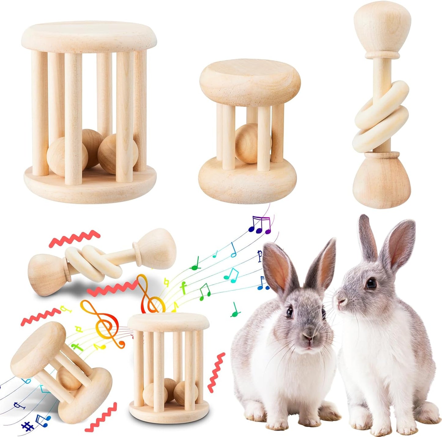 3 Pcs Natural Wooden Bunny Toys, Safe Rabbit Toys for Guinea Pig Chinchillas Hamsters Small Animals Playing Teeth Grinding Indoor Outdoor